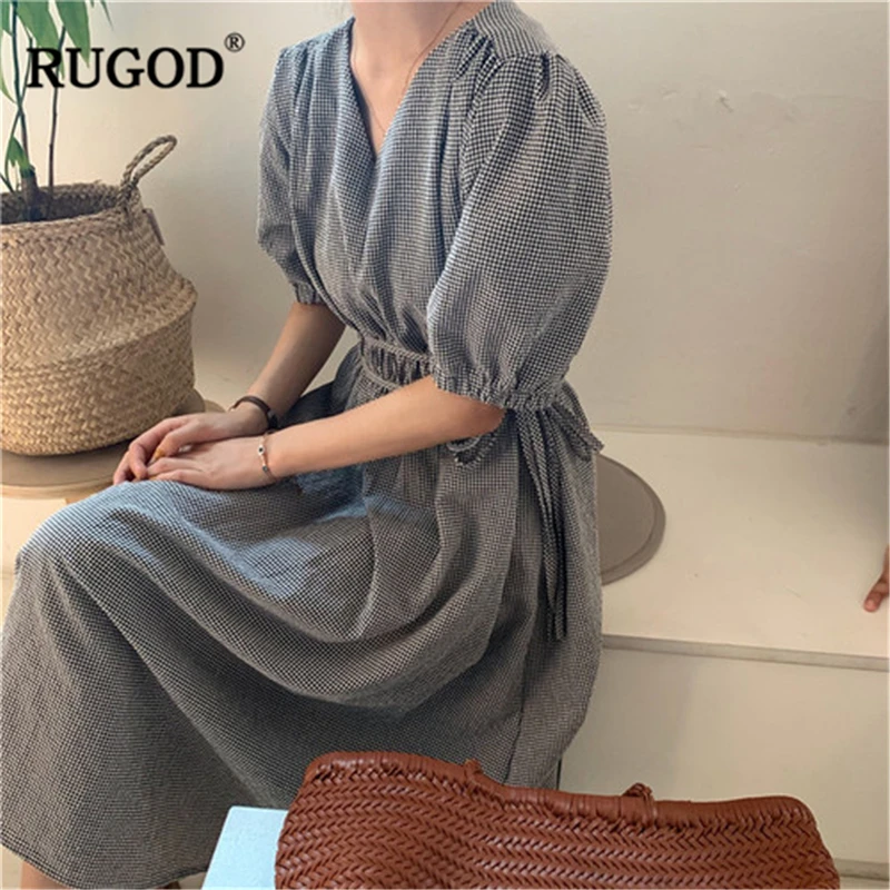 

RUGOD 2019 New Arrival Women Plaid Slim Dress V-neck Pleated Shoulder Drawstring Vestidos Vintage Fashion Temperament Korean