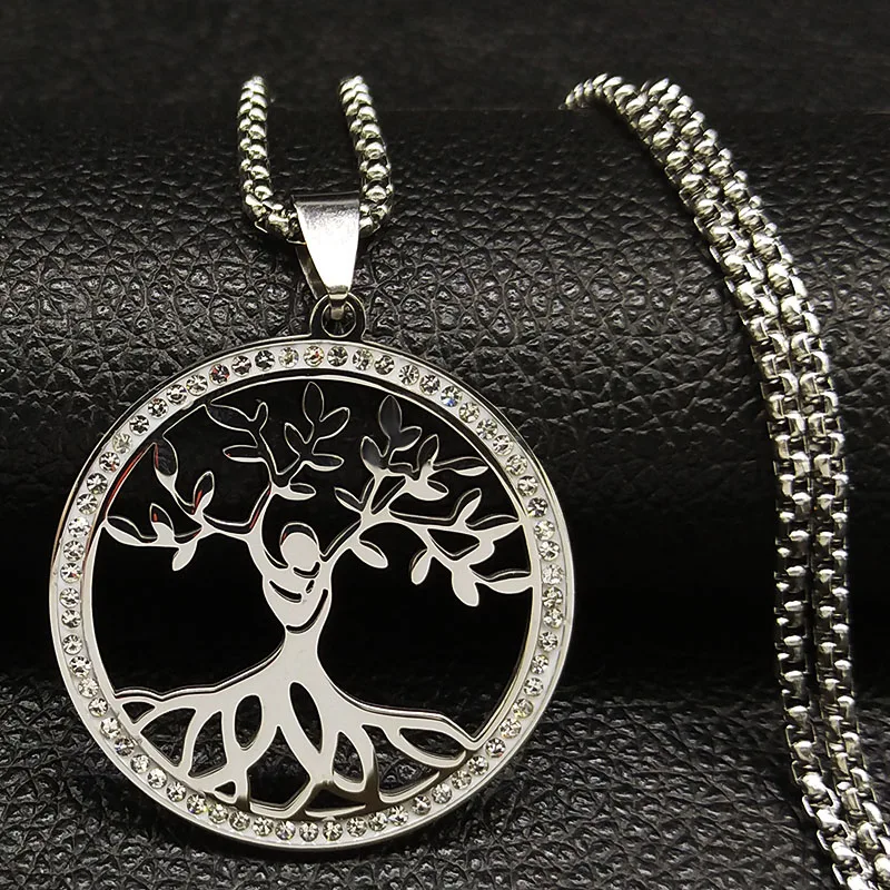 

2019 Tree of Life Crystal Stainless Steel Necklaces for Women Silver Color Statement Necklace Jewelry acero inoxidable K77490B