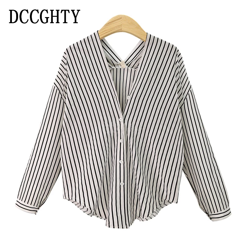 

2019 Spring Blouse Women V-neck White Striped Elegant Vintage White Shirts Long Sleeve Cotton Blusa Feminina Plus Size 4XL
