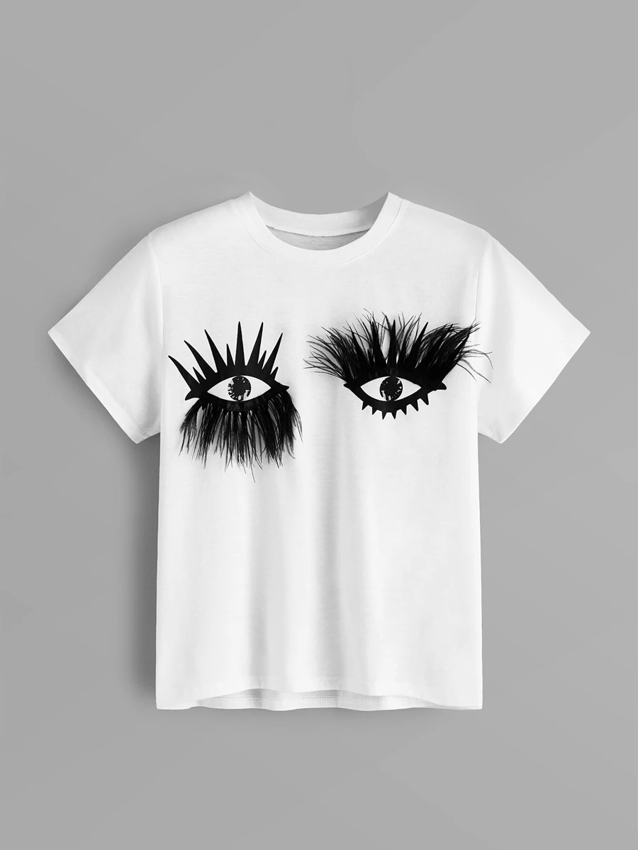 Новинка, летняя белая футболка, женские футболки с изображением глаз, Женские однотонные футболки с коротким рукавом, Повседневная футболка с круглым вырезом