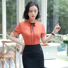 Формальный офисный женский стиль 2 шт. топы и юбка Новинка оранжевый Лето короткий рукав женская офисная одежда Блузки и рубашки наборы
