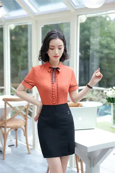 

Formal OL Styles 2 Piece Tops And Skirt Novelty Orange 2018 Summer Short Sleeve Women Office Wear Blouses & Shirts Sets