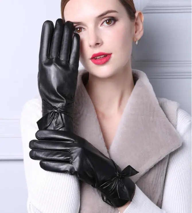 Европа Женская мода толстые теплые зимние 100% натуральная кожа плюс бархатные сенсорные перчатки Дамы овчины Повседневное варежки TBWA606