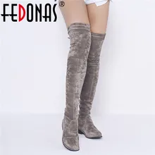 FEDONAS/новые зимние теплые женские Сапоги выше колена удобные замшевые высокие сапоги вечерние женские сапоги для верховой езды на высоком каблуке с круглым носком