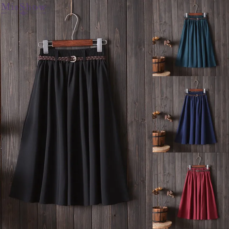 

New Arrival One Size Solid A Line Skirt Women Fashion Bow Tie Skirt Female Skirts with Belt School Skirt Faldas Mujer Moda 2019
