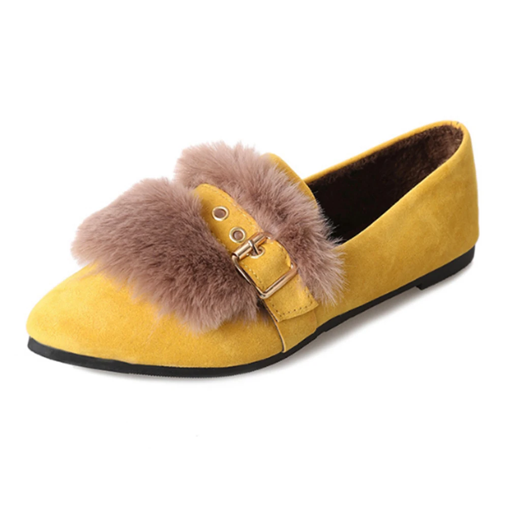 

Faux Fur Fashion Women Flats Pointed Toe Flat Flock Mules Woman Slip on Ladies Loafers Shoes Winter Autumn Shallow Shoes