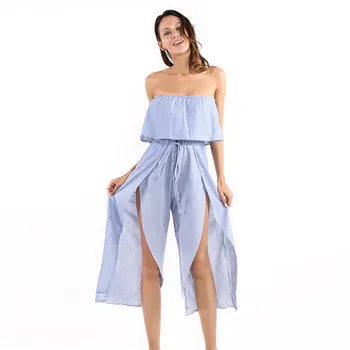 Summer Sexy Women Jumpsuits Blue striped split nine-piece jumpsuit Sexy ruffled tube top jumpsuit Female Clothes Summer Sexy Women Jumpsuits Blue striped split nine-piece jumpsuit Sexy ruffled tube top jumpsuit Female Clothes