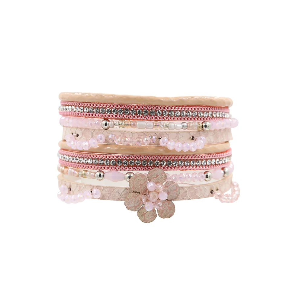 Богемский Браслет кожаный с цветами для женщин многослойный бисер очаровательный браслет Кристалл Магнитные браслеты ювелирные изделия - Окраска металла: Pink