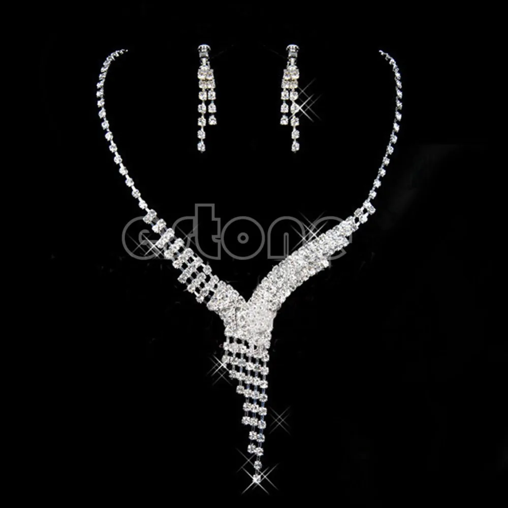 

Crystal Rhinestone Earrings Necklace Wedding Prom Bridal Bridesmaid Jewelry Set