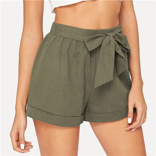 Модные летние шорты с эластичным поясом для фитнеса SHEIN, армейский зеленый цвет, средняя талия - Цвет: Армейский зеленый