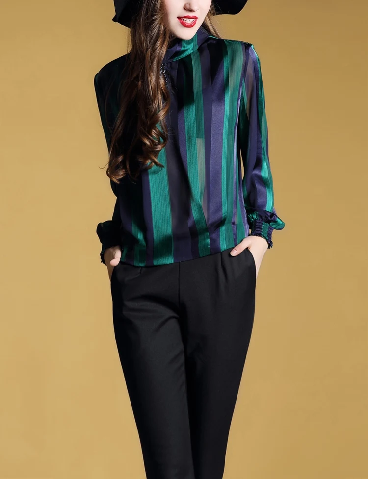 Летняя новая Универсальная Женская полосатая блузка, шифоновая рубашка с длинным рукавом, Офисная женская элегантная рубашка с рукавом-фонариком, топы