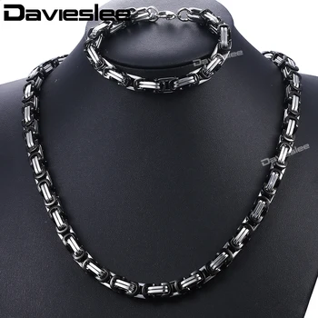 

Davieslee Mens Stainless Steel Bracelet Necklace Set Black Silver Color Byzantine Box Chain Jewelry Set 2018 Jewelry 8mm DKS04