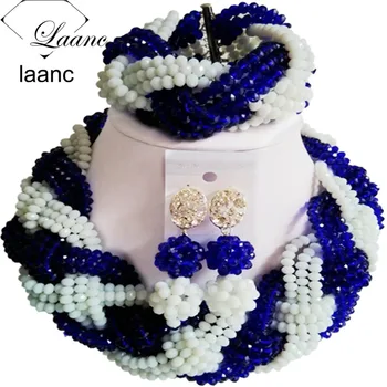 

Brand Laanc Nigerian Wedding African Beads Bridal Necklace Crystal Blue and White Bridesmaid Jewelry Set AL236
