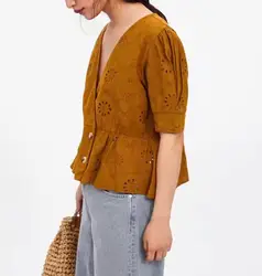 Мода 2019 женщин v-образным вырезом Полые Вышивка Блузка с буфами на рукавах Повседневная рубашка кнопки свободные винтажные Топы