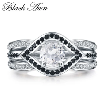 

[BLACK AWN] 925 Sterling Silver Fine Jewelry Black Spinel Trendy Engagement Bague for Women Wedding Ring Sets Size 6 7 8 C055