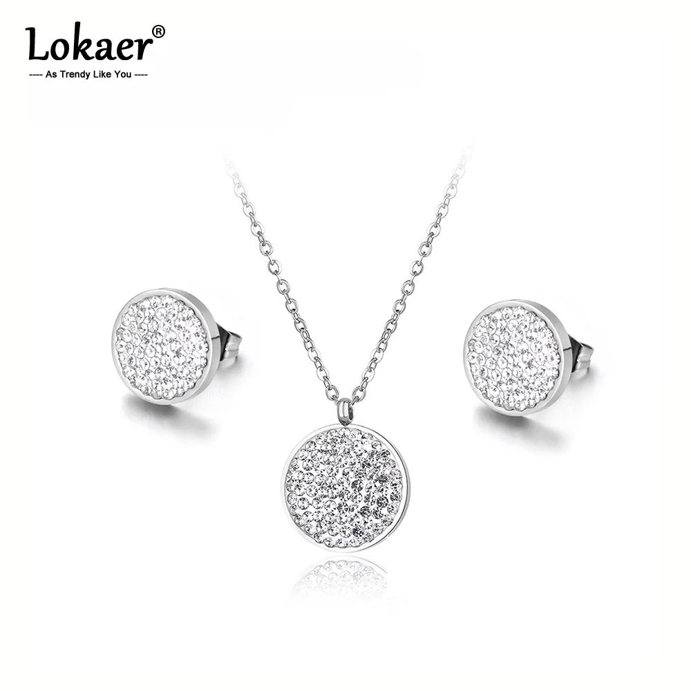 

Lokaer Trendy Stainless Steel Wedding Necklace Earrings Jewelry Classic Pave Setting CZ Rhinestone Circle Sets For Women SE016