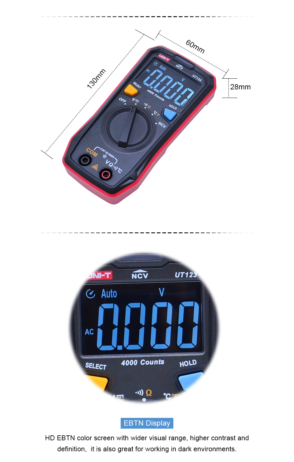 UNI-T UT123 карманный мини бытовой мультиметр EBTN цветной экран Авто Диапазон AC DC резистор напряжения температура NCV тестер