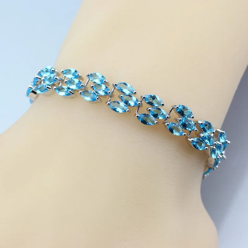 925 Silver Color Chain Link Bracelet Awsome Light Blue Crystal Leaves