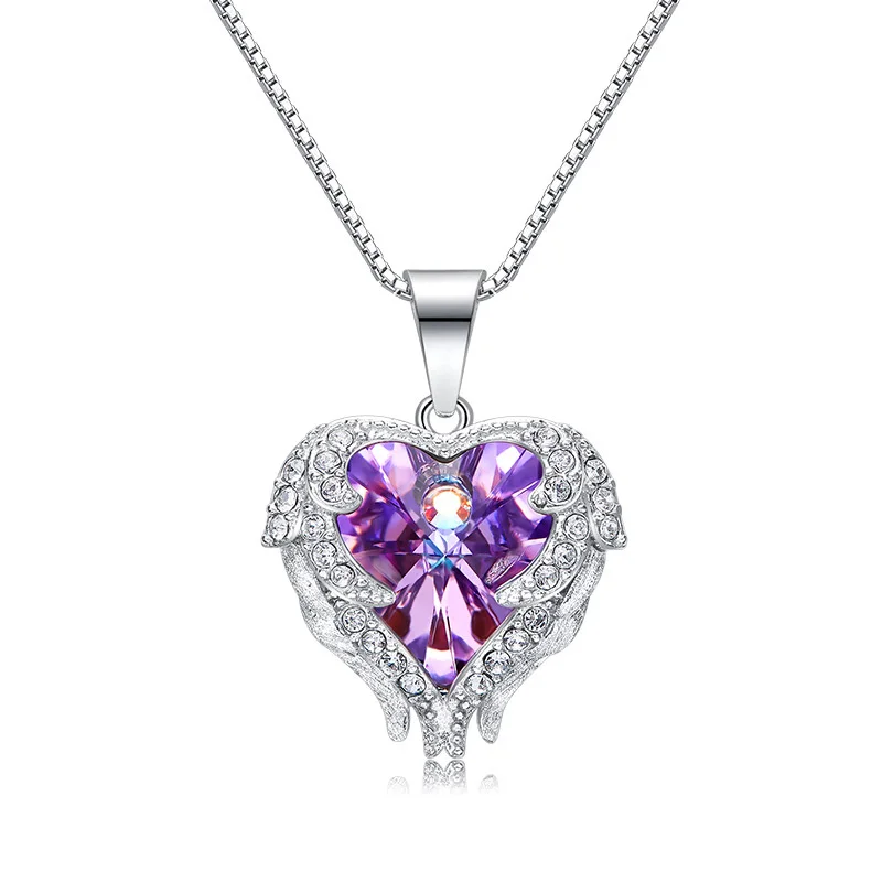 

925 Sterling Silver Women Necklaces Romantic Blue Sea Heart Crystal Pendant Angel's Wings S925 Necklaces Lady Party Neck Wears
