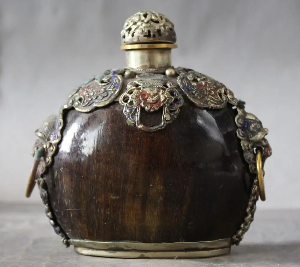 

Collect Old Chinese Ox Horn Inlay tibet silver Cloisonne Beast Head snuff bottle