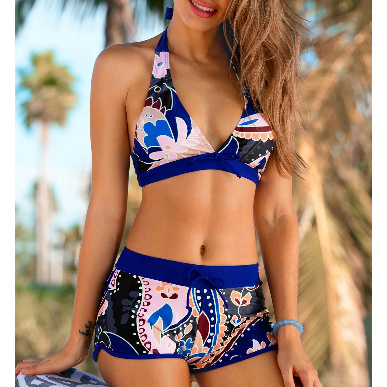 

SBART Floral Print Swimwear Women Two Piece Halter Bikini Swimsuit With Shorts Sexy High Waist Bikini Plus Size Swimwear Ladies