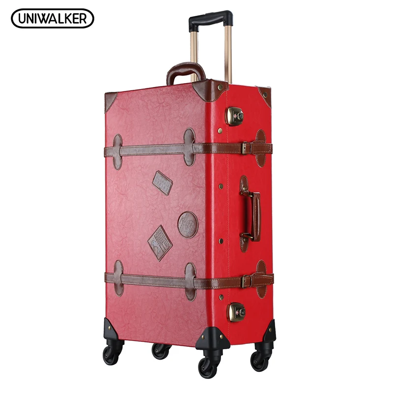 UNIWALKER 20 "-26" Красный винтажный чемодан из искусственной кожи для путешествий, устойчивые к царапинам сумки для багажа с замком TSA