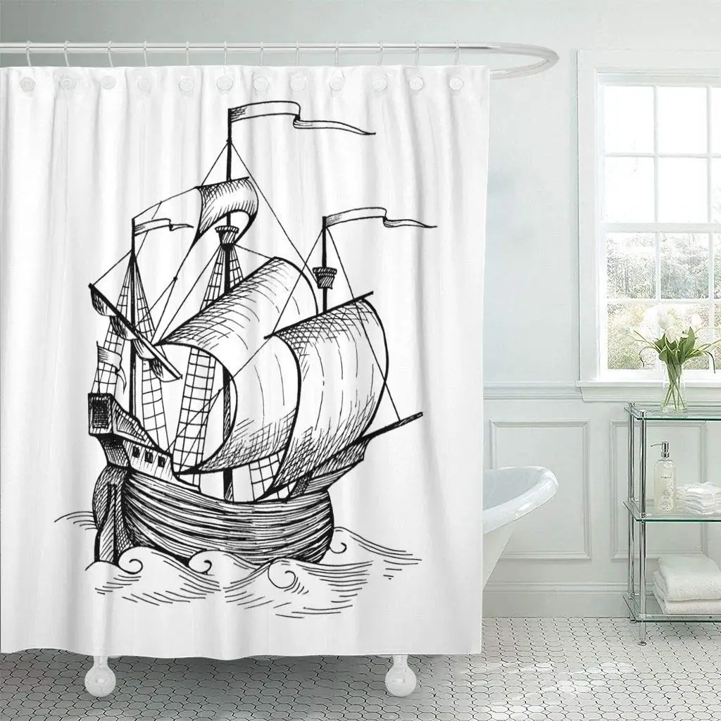 Shower Curtains Bathroom Curtain Drawing Old Caravel Vintage Sailboat ...