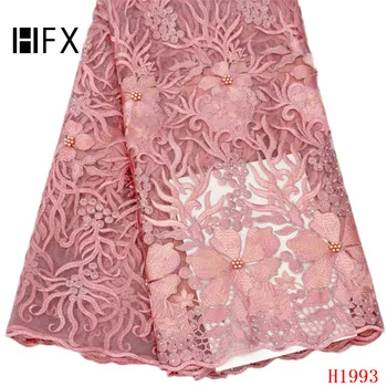 

HFX African Lace Beaded Coral Embroidered Mesh Lace High Quality Tulle Net Lace Fabric 5 Yards French Wedding Lace Fabric X1993