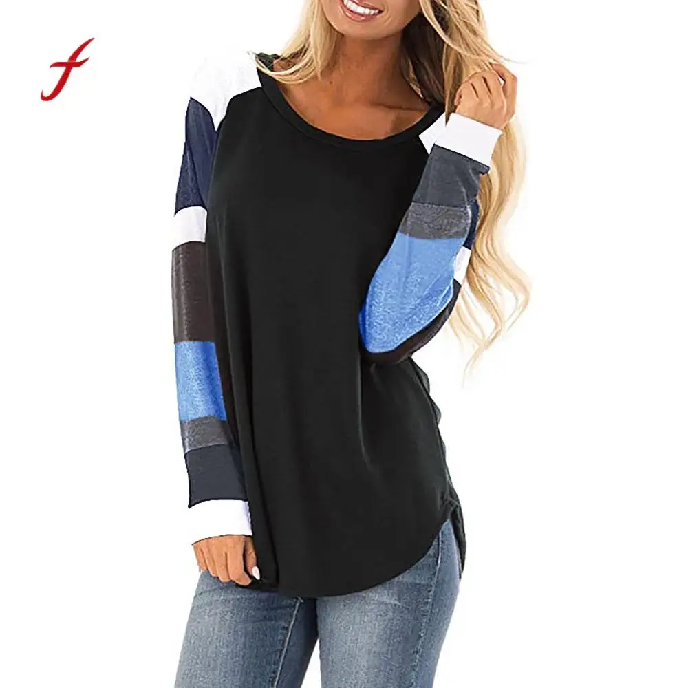 

women blouses Color Block Long Sleeve Pullover Loose Tunic Sweatshirt plus size feminino Cotton brand tee tops roupa feminina