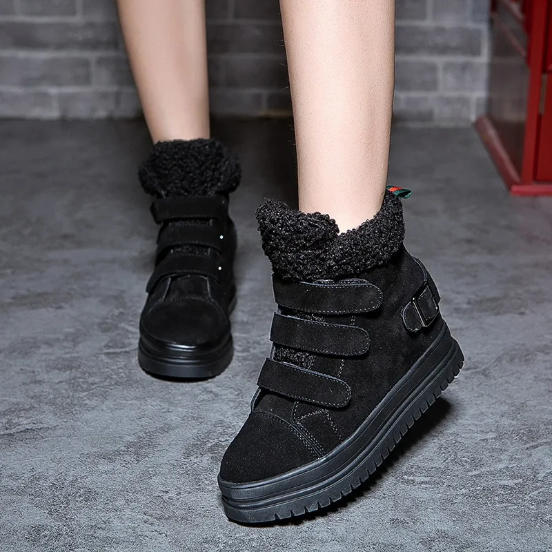 SWYIVY Women Snow Boots Platform Genuine Leather Female Witner Warm Fur Sneakers Shoes Wedge Nice Lady Snowboot Hook Loop Boots