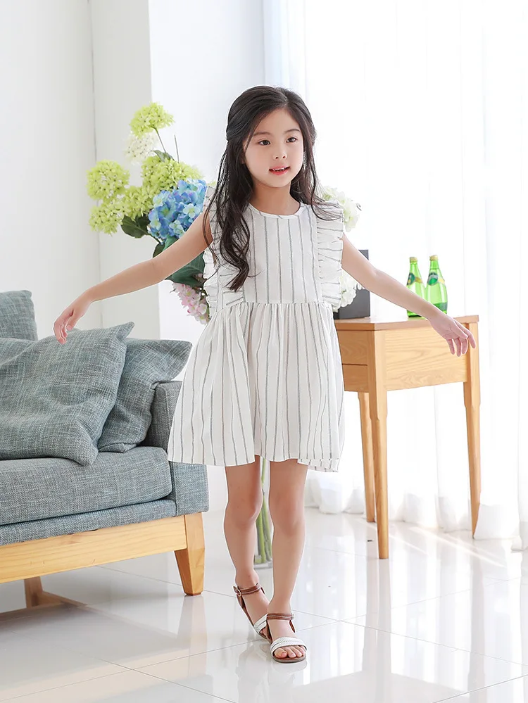 Yeediosn Summer Beach Kids Dresses For Girls Cotton Striped Girls Princess Dress Sleeveless Ruffles Children White Girl Costume (4)