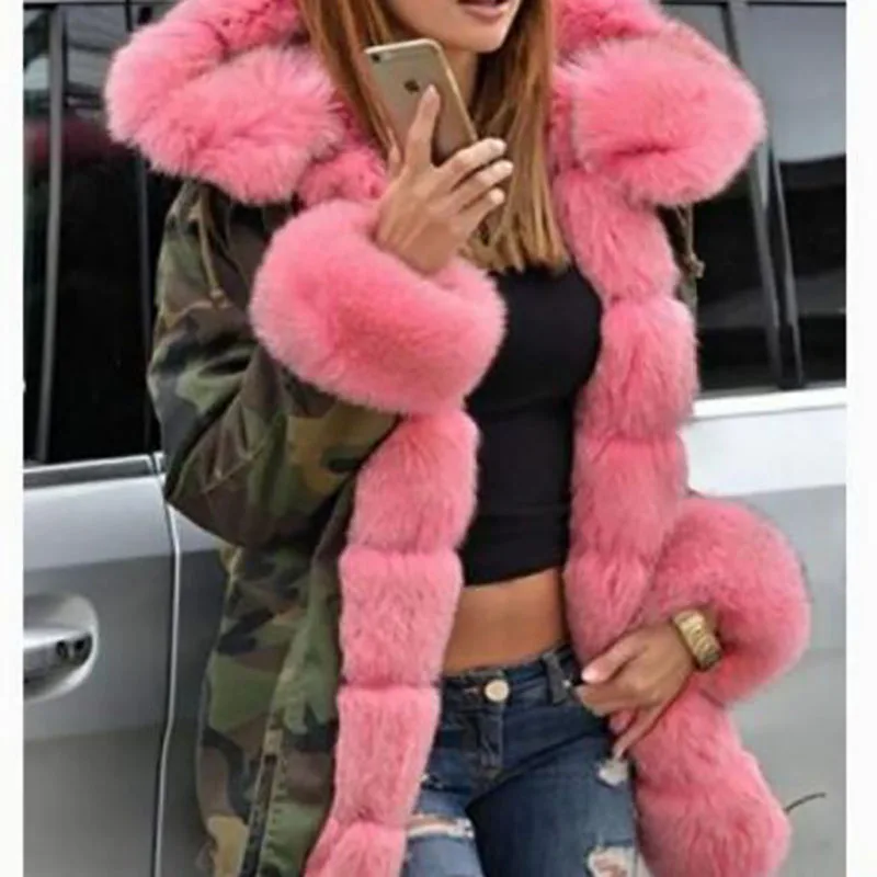 Women Faux Fur Camouflage Jacket Fur Collar Winter Parkas Thick Warm Long Coat Female Hooded Overcoat Outwear 5XL Jackets M0277