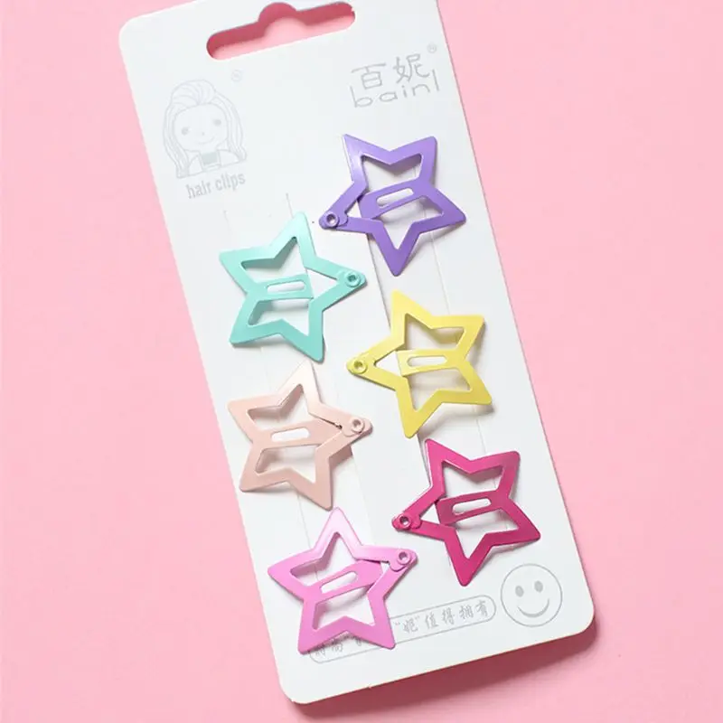 

6Pcs/Set Children Girls Harajuku Metal Alloy Baking Paint BB Hair Clips Geometric Five-Pointed Star Shape Hollow Snap Barrettes