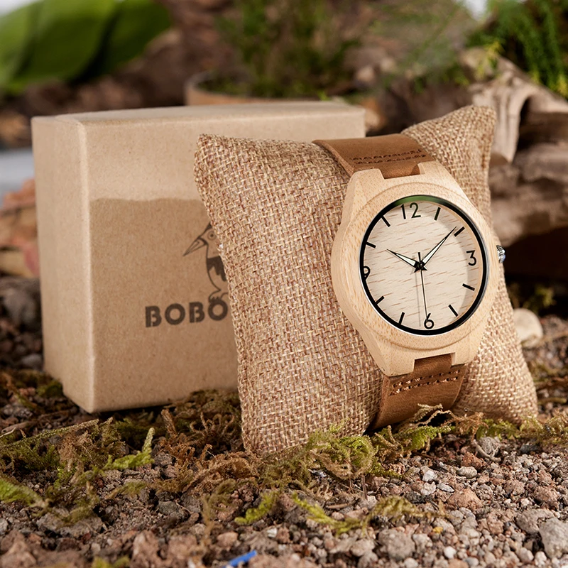 BOBO BIRD Men's Bamboo Watches With Leather Band Japan Movement Quartz Wristwatches Ideal Gifts C-A40 Accept DROP SHIPPING