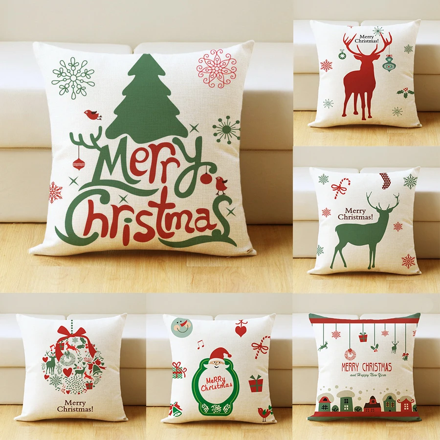

45x45cm Christmas Tree Cushion Reindeer Jute Pillow Cover Case Linen Kerst Noel New Year Christmas Decorations For Home