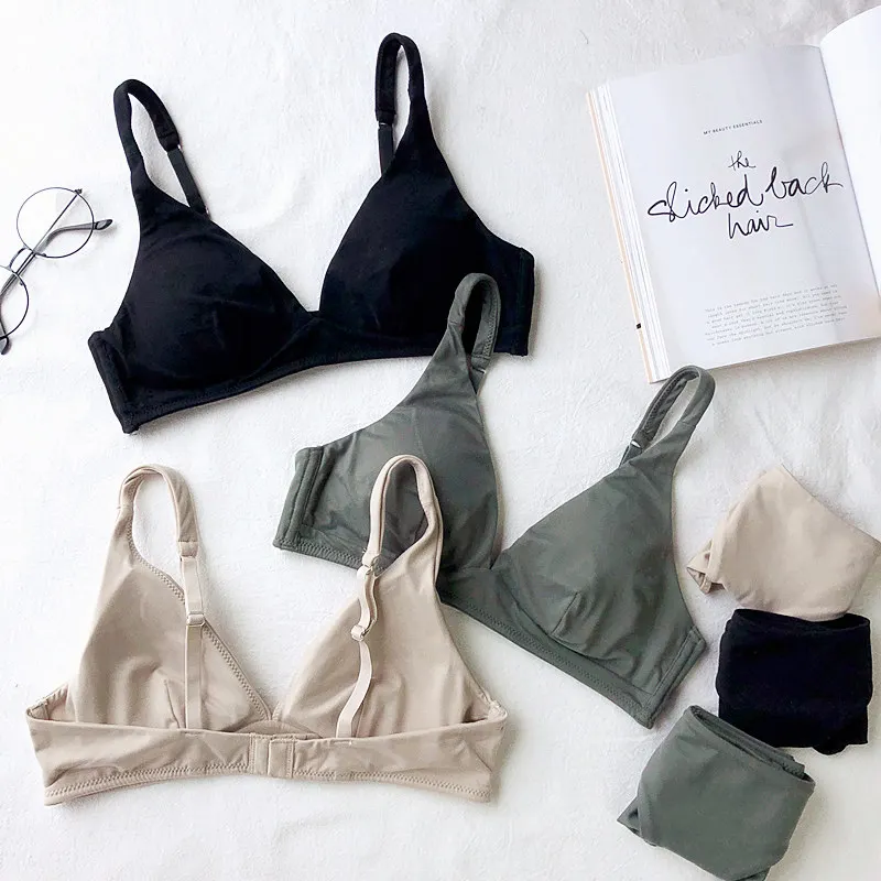 

2018 New Fashion Women simple Bra set ladies Underwear brassiere wireless Lingerie sexy deep-v neck thin pad cup bralette set