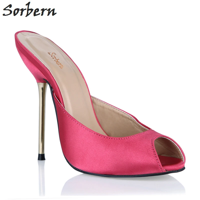 

Sorbern Women Slipper Satin 12.4CM Gold Metal Heels Peep Toe Slippers Women Shoes 2018 Custom Made Color Ladies Slippers