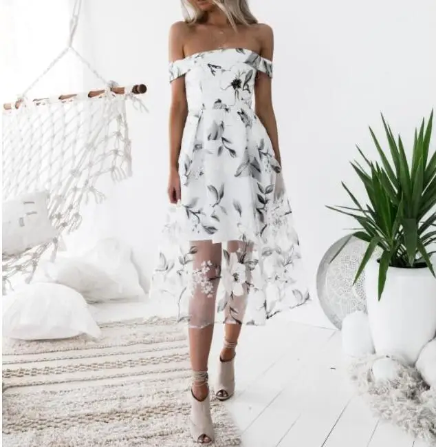 

Women Sexy Dresses Off Shoulder Short Sleeve Print Elegant Vintage Loose Summer Lady Party Dress 2019 Vestido