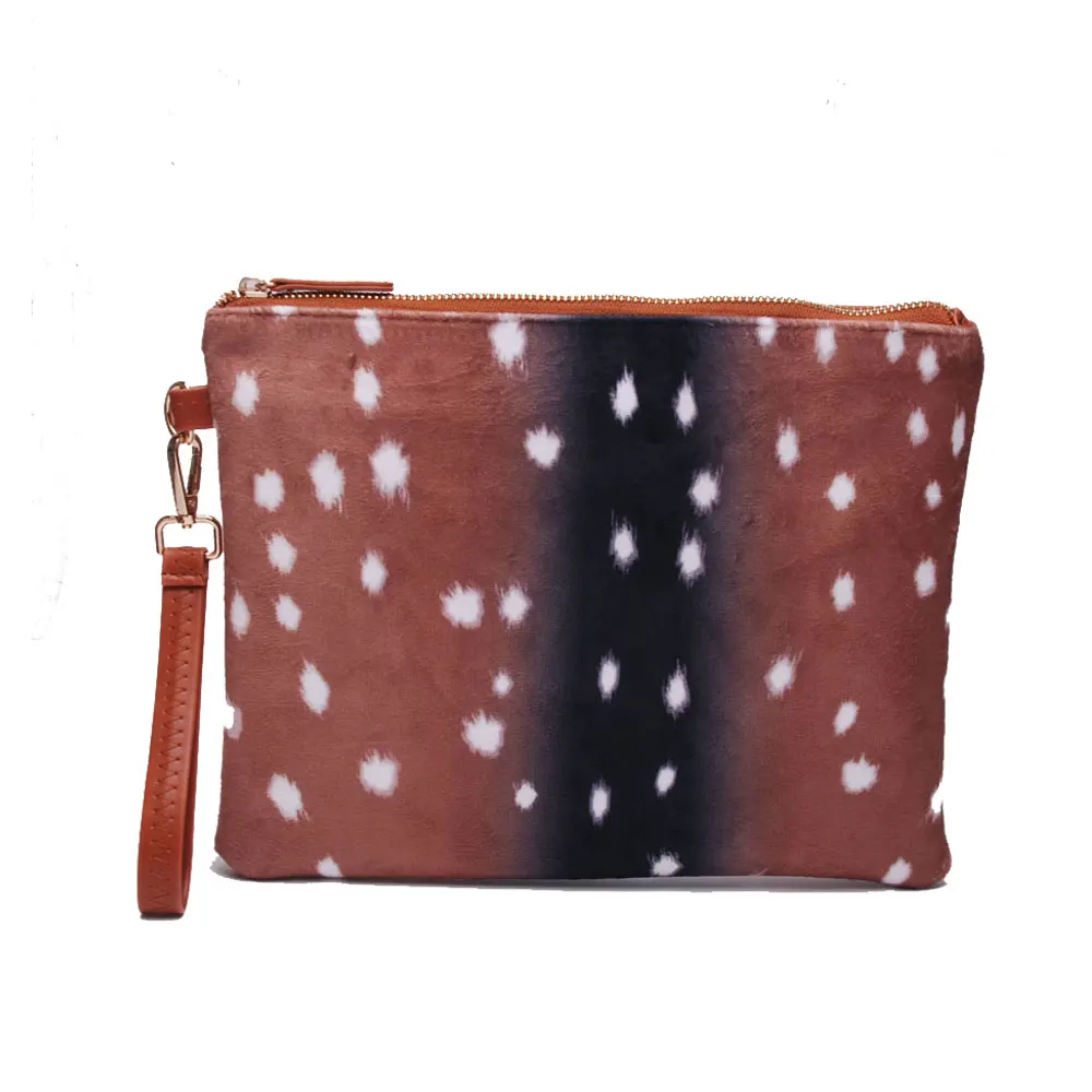 

Fashion Deer Suede Women Cosmetic Bag Portable Soft Flannel Wristlet Day Clutches Purse With Zipper Closure Brands Wedding Gifts