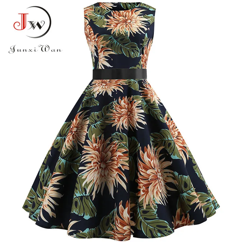 

Women Vintage Dress Tunic Summer Floral Printed Retro Hepburn Rockabilly Elegant Party Dresses Causal Slim Midi Dresses Vestidos