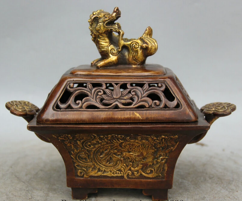 

JP S061 8" Marked Chinese Bronze Gild Ru Yi phoenix Beast handle Incense Burner Censer