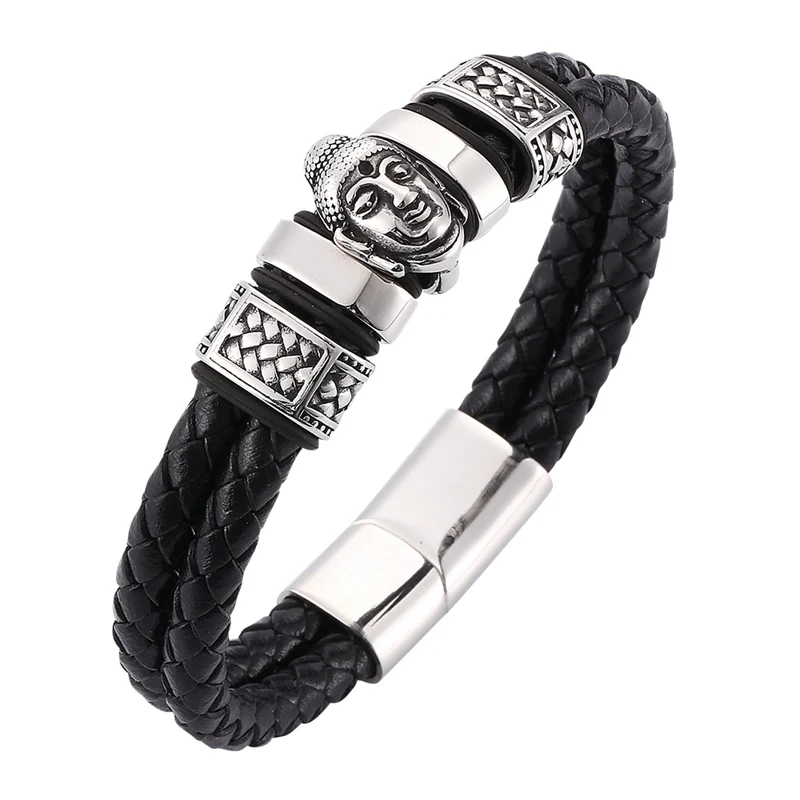 

Punk Buddha Bracelet Men Trendy Jewelry Black Braided Leather Bracelet Handmade Stainless Steel Magnetic Clasp Wristband SP0059