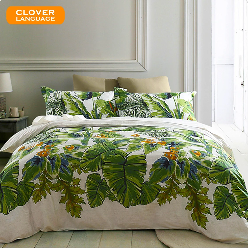 

100% Cotton Soft Satin Silky Bedding Set Pieces Plant Printing Green Leaf Pattern Set Bed Sheet Quilt Cover Bedding Sets