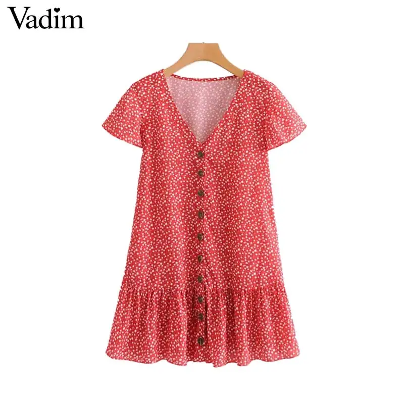 

Vadim women sexy floral print mini dress V neck short sleeve straight style female casual red sweet dresses vestidos QB325
