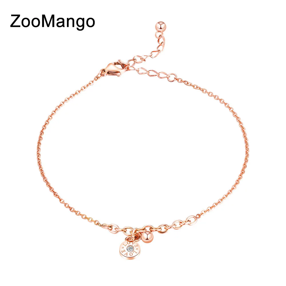 

ZooMango Trendy Rose Gold Color Love Tag Cubic Zirconia Anklets For Women Titanium Steel Foot Link Chain Anklet Jewelry OGZ058