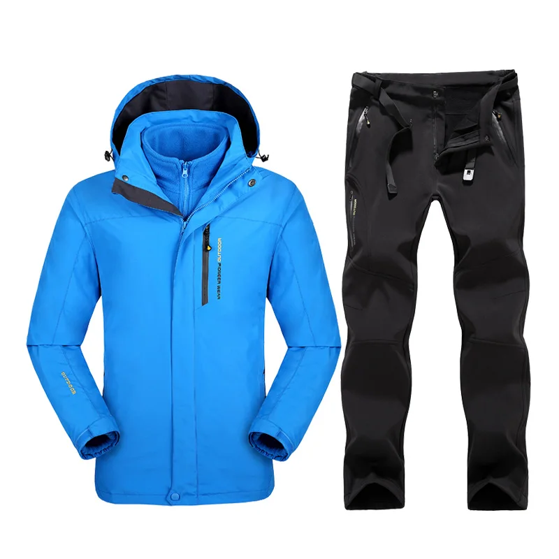 Размера плюс Для мужчин Лыжный спорт, лыжные костюмы для девочек Водонепроницаемый Пеший Туризм лыжная куртка для сноуборда куртка лыжный костюм Для мужчин большой Размеры зимние Куртки - Цвет: Blue black pants