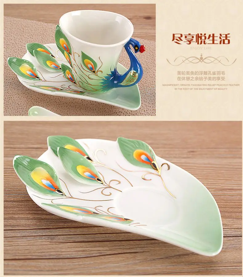 3D Животные цвет эмаль фарфоровая чашка 1 шт. Павлин кофейная чашка креативные кружки керамические с блюдцем и чайная и кофейная ложка наборы