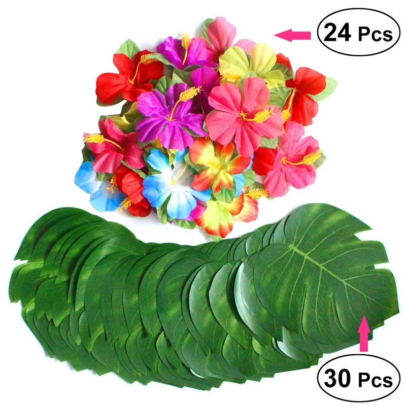 

30Pcs Artificial Plant Simulation Leaves Tropical Palm Leaves 24 Petals Lifelike Hibiscus Flower Petals DIY Party Decoration