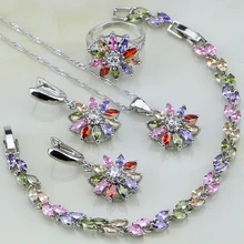 Flower Multicolor Stones Cubic Zirconia 925 Sterling Silver Jewelry Sets For Women Earrings/Pendant/Necklace/Ring/Bracelet zemior simple style jewelry sets for women 925 sterling silver inlay cubic zirconia sets ring necklace bracelet fine jewelry