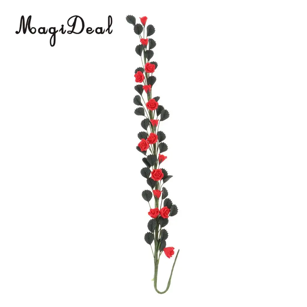 1/12 Scale Handmade Clay Boston Ivy Leaves String Rose Bouquet Dollhouse Indoor Outdoor Furniture Decor Kids Pretend Play Red